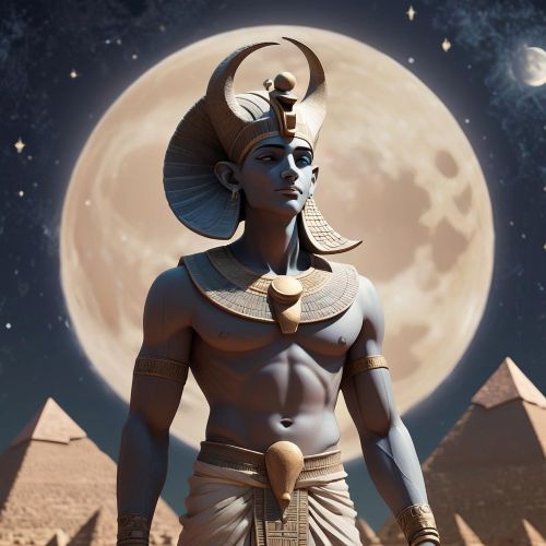 an image of Iah, the Egyptian moon god, as a youthful figure with pale skin, wearing a crescent moon and lunar disk on his head