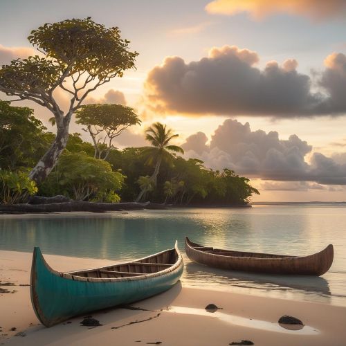 Mythlok - Ifaluk_ A serene Micronesian seascape at dawn representing Ifaluk mythology.