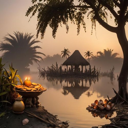 Mythlok - Ijo_ A mystical Niger Delta riverscape at dawn, representing Ijaw mythology.