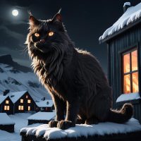 Jólakötturinn, a towering, shadowy feline with glowing coal-like eyes prowling through a snowy Icelandic village on Christmas Eve