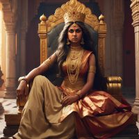 Mythlok - Kaikeyi an image of Kaikeyi, the regal queen from Indian mythology, seated in a palace chamber wearing traditional royal attire