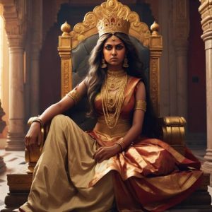 an image of Kaikeyi, the regal queen from Indian mythology, seated in a palace chamber wearing traditional royal attire