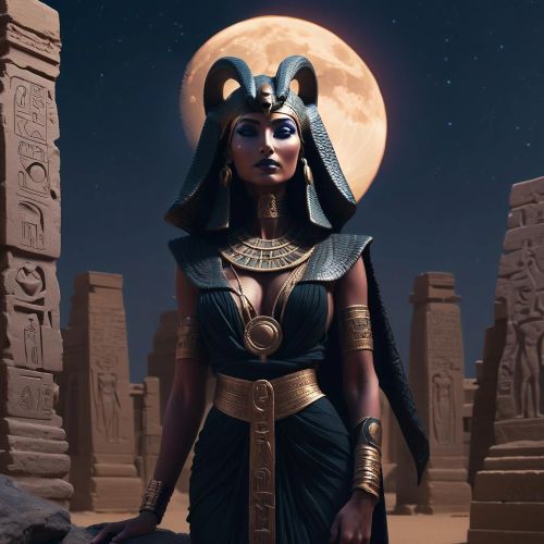 image of Kauket, the Egyptian goddess of darkness, depicted as a snake-headed woman cloaked in twilight shadows