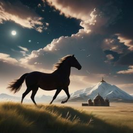 Mythlok - Khazak_ a vast, atmospheric scene inspired by Khazak Mythology — the endless Central Asian steppe under a brilliant sky