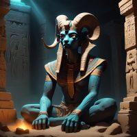 Mythlok - Khetry Kherty, the Egyptian underworld deity, as a mummified ram with glowing eyes