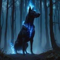 Mythlok - Kludde A solitary Kludde in its black dog form, standing on hind legs with glowing blue flames
