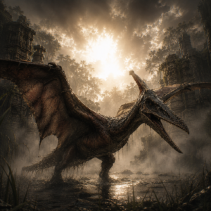 Kongamato, a fearsome winged reptilian creature with leathery bat-like wings, reddish-black scales,