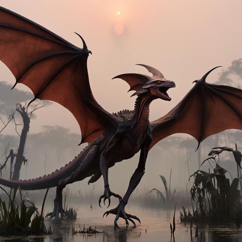 Kongamato, a fearsome winged reptilian creature with leathery bat-like wings, reddish-black scales,