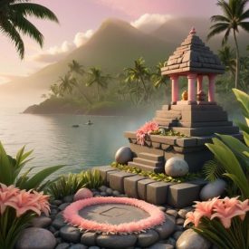 Mythlok - Kosraean_ A tranquil Pacific island scene at sunrise symbolizing Kosraean mythology.