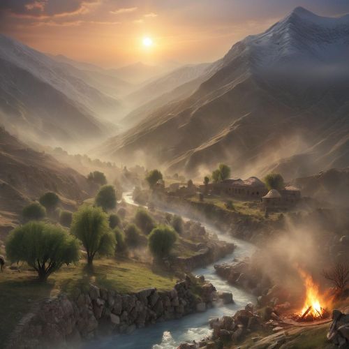 Mythlok - Kurdish_ A mystical mountain landscape in ancient Kurdistan at sunrise, representing Kurdish mythology.