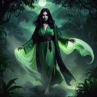Mythlok - Langsuyar Langsuyar, a hauntingly beautiful Malaysian vampire spirit with ankle-length black hair, flowing green robes