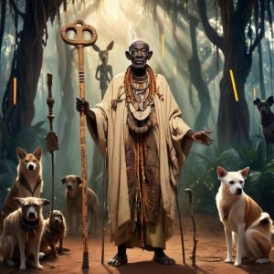 an image of Leba, the Teke trickster deity, standing at a spiritual crossroads.