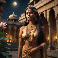 Mythlok - Mandodari Mandodari, queen of Lanka, standing in a moonlit palace courtyard, adorned in golden silk and celestial jewelry