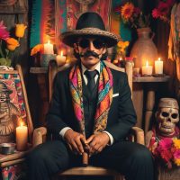 Mythlok - Maximon An image of Maximón, seated in a wooden chair, wearing a black suit, wide-brimmed hat, and sunglasses.