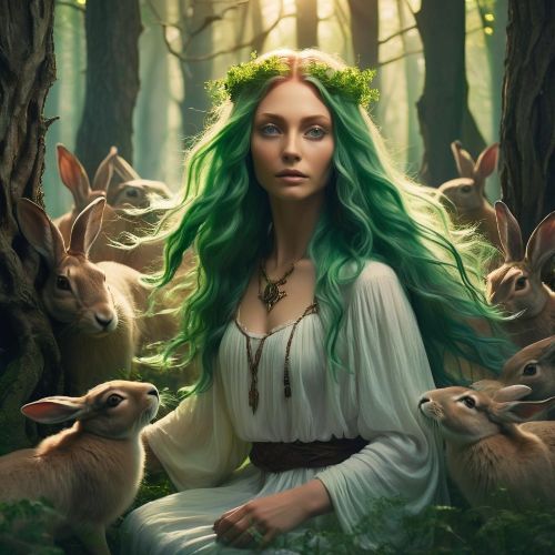 Medeina : The Forest Goddess a mystical forest scene featuring Medeina, the Lithuanian goddess of nature