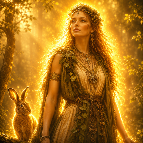 Medeina, the Lithuanian goddess of forests, standing in a warm golden woodland