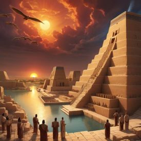 Mythlok - Mesopotamian_ A grand ancient Mesopotamian city scene at sunset, featuring towering ziggurats, temple complexes, and stone statues of gods like Marduk, Ishtar, Enlil, and Ashur.