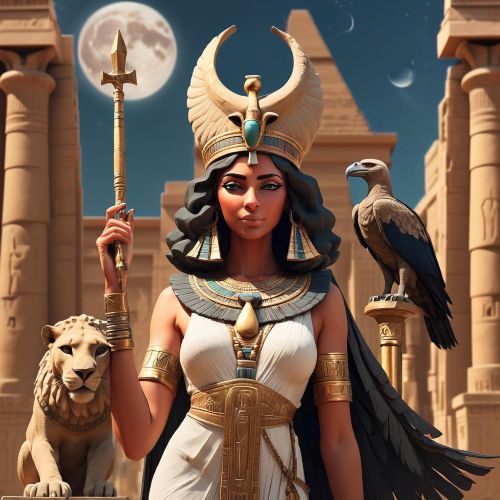 a regal depiction of the Egyptian goddess Mut standing in a temple courtyard