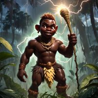 Mythlok - Mwindo hero from Nyanga mythology, Mwindo stands alone in a lush Central African jungle.