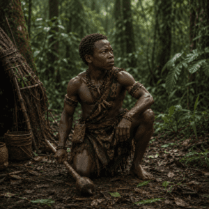 hero from Nyanga mythology, Mwindo alone in a lush Central African jungle.
