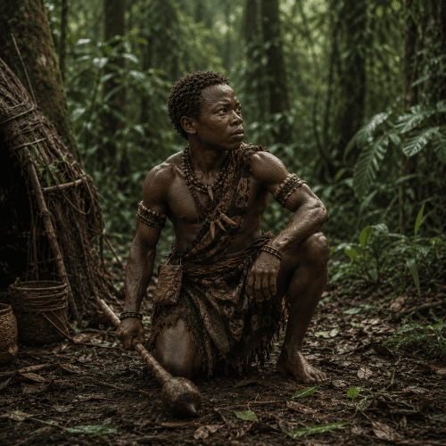 hero from Nyanga mythology, Mwindo alone in a lush Central African jungle.