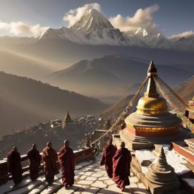 Mythlok - Nepali_ A mystical Himalayan scene at dawn with the snow-capped peaks of Mount Kailash and the Kathmandu Valley inspired by Nepali mythology