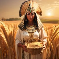 Nepit, the Egyptian goddess of grain, standing in a golden wheat field at sunrise.