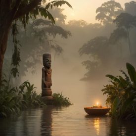 Mythlok - Ngombe_ A misty rainforest scene along the Congo River at dawn, representing Ngombe mythology.