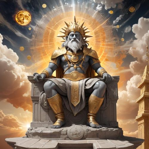 Numi-Torum, the Mansi sky god, seated in a celestial palace of gold and silver above layered skies,