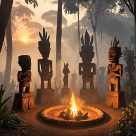 Mythlok - Nzebi_ A serene Gabonese forest landscape at sunrise, representing Nzebi mythology.