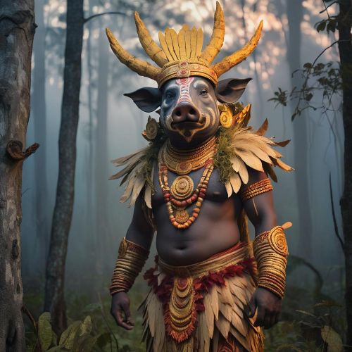 Panjurli Deiva, A divine boar-faced guardian spirit from Indian mythology, standing in a forest clearing during twilight