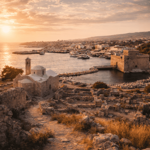 A panoramic view of Petra tou Romiou on the coast of Paphos, Cyprus, at golden hour.
