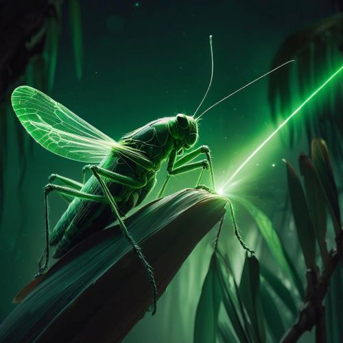 Pelesit, A mystical cricket glowing with ethereal green light, perched under moonlight