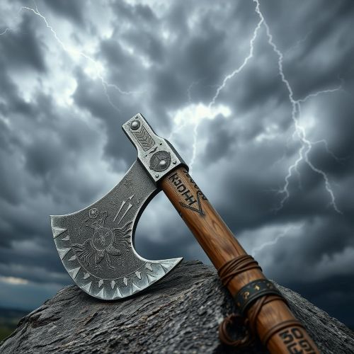 Perun's Axe : The Thunderous Blade Slavic Perun's axe resting on a stone altar beneath a stormy sky.