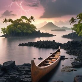 Mythlok - Pohnpeian_ A mist-covered volcanic island at sunrise symbolizing Pohnpeian mythology.