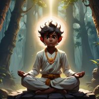 Mythlok - Prahlada an image of Prahlada from Indian mythology—a serene young Asura boy seated in meditation, surrounded by divine light