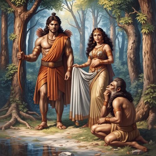 An epic scene from the Ramayana: Prince Rama, with a bow in hand, standing beside Sita and Lakshmana in a lush forest, while Hanuman kneels in devotion