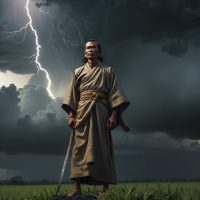 Satrio Piningit, a solitary Javanese warrior cloaked in humble robes, standing beneath a stormy sky