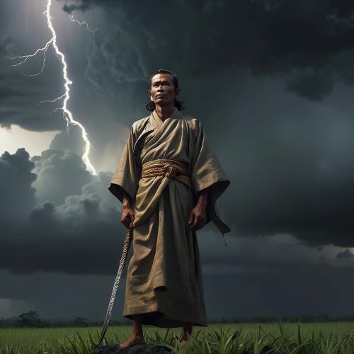 Satrio Piningit, a solitary Javanese warrior cloaked in humble robes, standing beneath a stormy sky