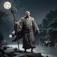 Mythlok - Sha Wujing image of Sha Wujing from Chinese mythology—tall, muscular monk with dark skin, wearing tattered robes