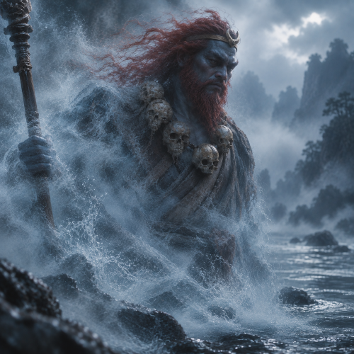 Sha Wujing, a red-haired river demon, emerging as a translucent spirit from the misty Flowing Sands River.