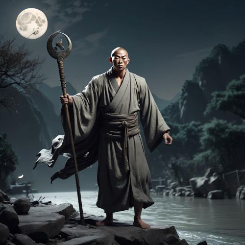 image of Sha Wujing from Chinese mythology—tall, muscular monk with dark skin, wearing tattered robes
