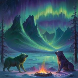 Mythlok - Siberian_ A vast Siberian tundra under the northern lights, glowing in shades of green, blue, and violet inspired by mythology.