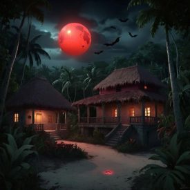 Mythlok - Soucouyant_ a haunting yet beautiful Caribbean night scene symbolizing the Soucouyant myth