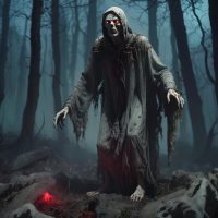 Mythlok - Strigoi A pale, undead Romanian Strigoi emerging from a forest grave at night, with glowing red eyes