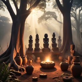 Mythlok - Suku_ A tranquil Central African woodland at sunrise, symbolizing Suku mythology