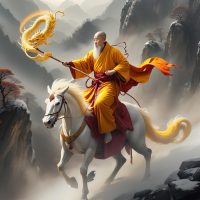Mythlok - Tang Sanzang Tang Sanzang, a serene Chinese monk in flowing saffron robes riding a white dragon-horse