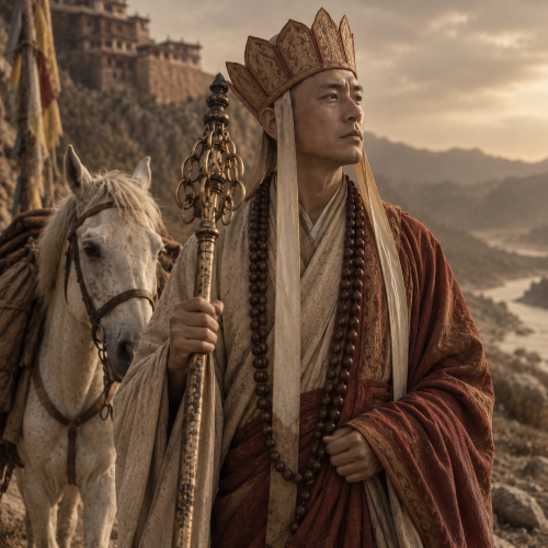 Tang Sanzang, a Buddhist monk, stands with a white horse on a rugged mountain pilgrimage route