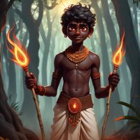 Mythlok - Theekutty Chathan Indian Spirit god Theekutty Chathan standing in a dense forest