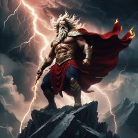 Mythlok - Theshxwe image of Theshxwe, the Circassian thunder god, standing atop a stormy mountain peak.
